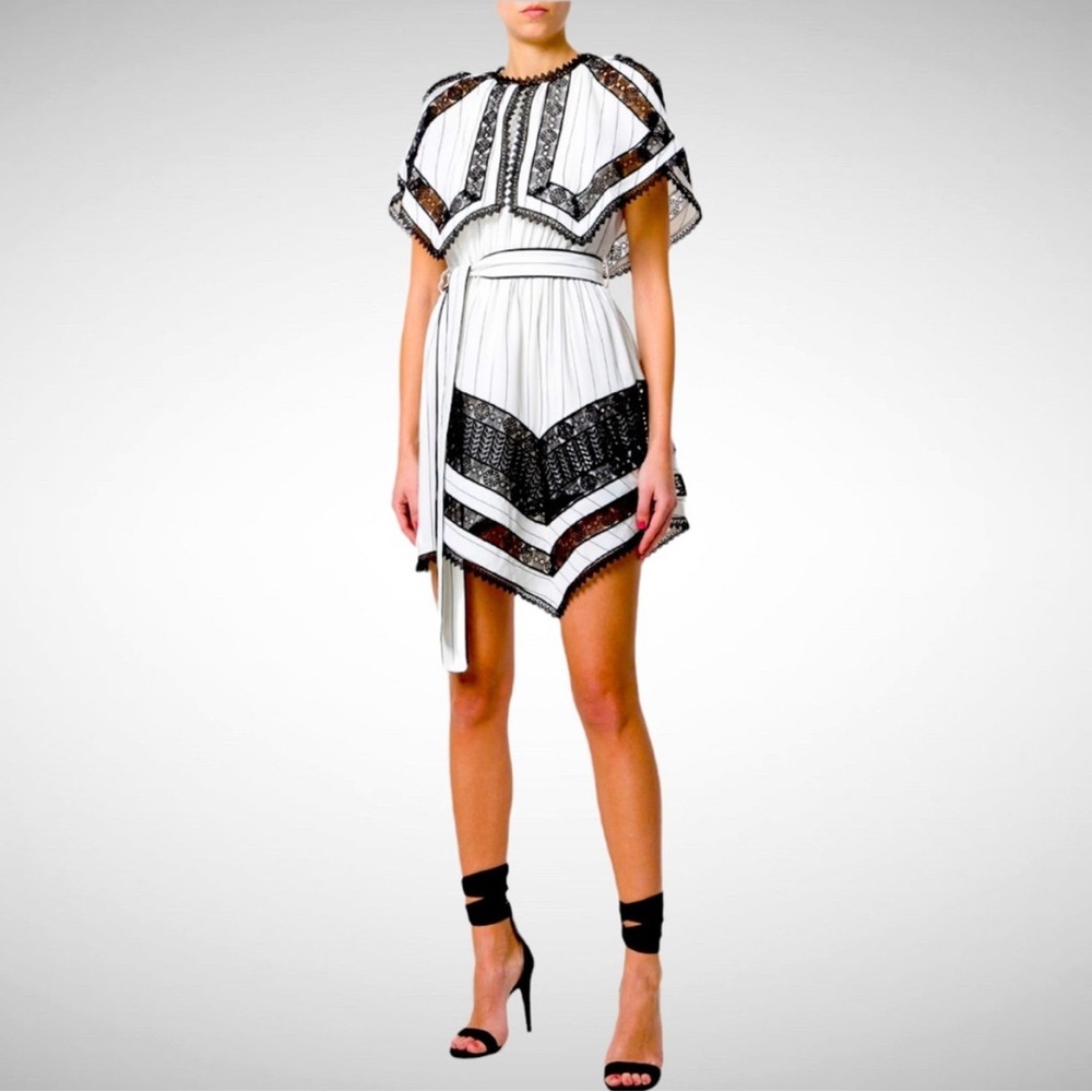 SELF-PORTRAIT Black and White Stripe Handkerchief Dress with Lace Overlay